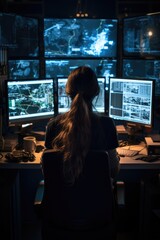 Aufkleber - A woman works on several computer screens in office, Information Technology.