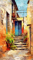 An old European house on the Mediterranean coast, art painting.