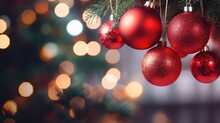  A Close Up Of A Christmas Tree With Red Baubles Hanging From It's Branches And Blurry Lights In The Background.  Generative Ai
