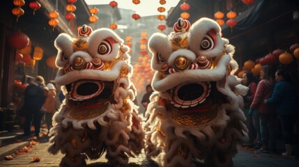 Sticker - Dragon and Lion Dances in street, Two people in traditional Chinese festival lion costume and the other in a dragon costume colorful lanterns and buildings.