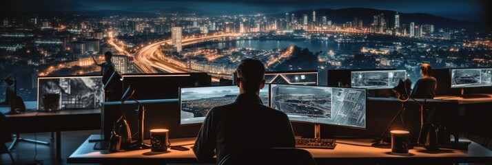 Sticker - Specialists Working on Desktop Computers With Big monitor Screen Shows Surveillance Satellite Data Traffic Footage Reports with City Map.