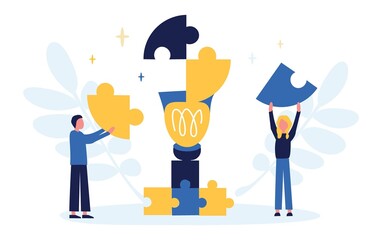 Wall Mural - Business concept. Team metaphor. People connect puzzle elements. Flat illustration in flat design style. Teamwork, collaboration, partnership. Businessmen working together and moving towards success.