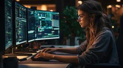Poster - Female Programmer Coding on Desktop Computer With Monitors Setup in modern Office, Woman Monitors Data Protection System For Cyber Security.