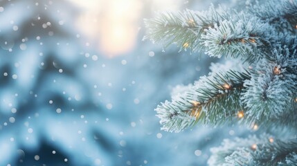 Poster -  a close up of a pine tree with snow flakes on it and a blurry background of snow flakes on the branches.  generative ai