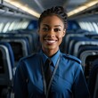 Confident Black Female Flight Attendant in an Empty Airliner