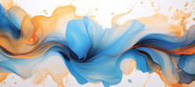 Abstract Marbled Ink Liquid Fluid Watercolor Painting Texture Banner Illustration - Blue Orange Petals, Blossom Flower Flowers Swirls Gold Painted Lines, Isolated On White Background