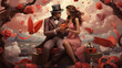 Couple steampunk enlacé dans un paysage rose romantique de saint Valentin