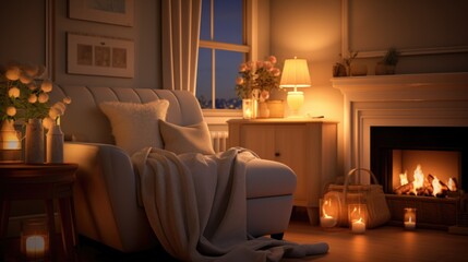 Sticker - A room with a fireplace and chair, AI