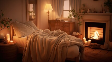 Sticker - A bed with a blanket and candles in front of the fireplace, AI