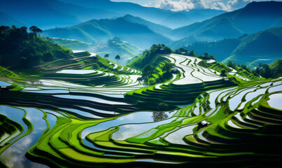 Wall Mural - High panoramic view of beautiful green rice paddy fields in Asia. Stunning travel background