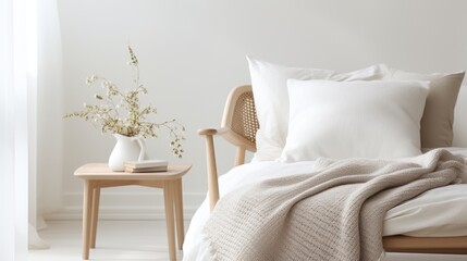 Sticker - A white bedroom with a bed, chair and vase, AI