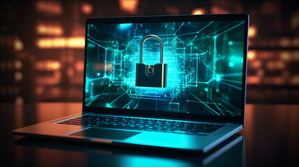 laptop with an image of a closed lock on the screen. background with holograms. cyber security concept 