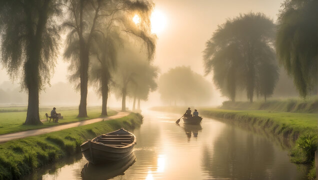 Countryside view and canal side and boats and morning sun and mist. See the beauty of nature in the chapter