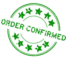 Sticker - Grunge green order confirmed word with star icon round rubber seal stamp on white background