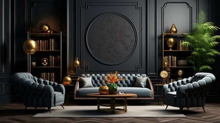 Modern interior design for home, office, interior details, upholstered furniture against the background of a dark classic wall.