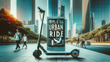 Fototapeta  - Urban Ride: 電動キックボードで都市を駆け抜ける、背後にそびえ立つ摩天楼