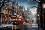 Fototapeta Fototapeta Londyn - red buses moving on snowy winter street. holiday season illustration