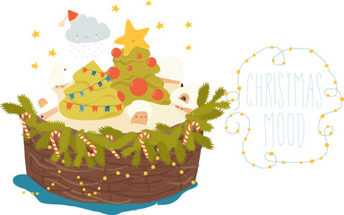 Wall Mural - Christmas Trees with Winter Landscape standing in Christmas Basket. Vector Illustration