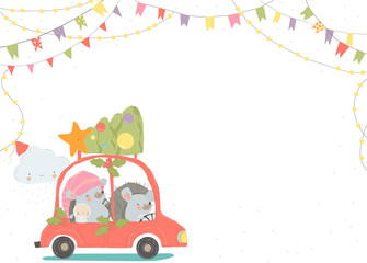 Wall Mural - Cartoon Funny Hedgehogs driving a Red Car with Christmas Tree. Vector Illustration