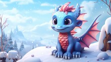 Cute Funny Charming Dragon Sits On The Snow. Against The Background Of A Winter Forest. Symbol Of The New Year.