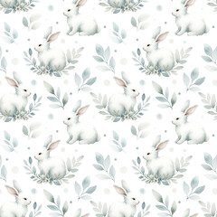 Wall Mural - Watercolor seamless pattern with cute fluffy bunnies and delicate foliage in pastel tones isolated on white background.