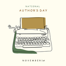 Authors Day Line Art Poster And Banner Design Vector. Continuous Line Art Of Books With Inkpot And Typewriter Vintage Style. November Celebration. Book Lover. Writers Editors And Authors Day. Postcard