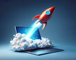 © LeoOrigami - Rocket launched from laptop, 3d rendering, concept of technological advancement, progress, takeoff, economic takeoff