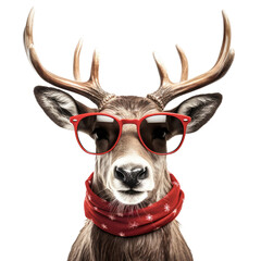 Canvas Print - Portrait of a Elk Deer wearing red glasses and a scarf isolated on transparent background.