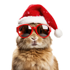 Canvas Print - Portrait of bunny wearing red santa claus hat and sunglasses on transparent background.