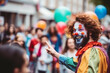 Clowns in a colorful parade, interacting with spectators along the route, love and creativity with copy space