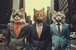 comical cats with business suits in the city center in high-rise buildings, business concept of cats in a big city