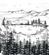 Dom nad jeziorem w górach. Żaglówki pływające po jeziorze. Rysunek odręczny , szkic  grafika wektorowa. 