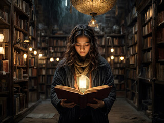 A girl reading a book at library