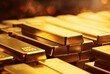 Gold bullion background, close up shot with shallow depth of field