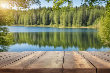  Empty Wooden Table with Lake and Forest Background