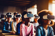 Group of people wearing virtual glasses in classroom with woman sitting in front of them.
