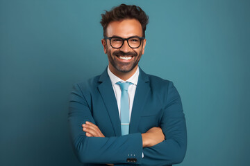 The Portrait of a Handsome and Cheerful Male Professional Chief Wearing Glasses and an Elegant Suit. He Gazes at the Camera with a Happy, Cheerful Posing Against a Stylish Isolated Blue Background