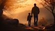 © pitipat - Silhouette photo of father holding his son hand walking together in nature with sunset and mountain scene landscape. Parent and children bonding relation nature learning concept. Generative AI