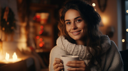 Poster - A smiling girl in a cozy, warm room, dressed in warm home clothes. She holds a cup with a hot drink in her hands