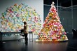 A Unique and Creative Christmas Tree Made Entirely of Colorful Sticky Notes, Bringing a Festive and Innovative Touch to the Holiday Season
