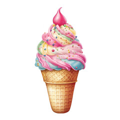 Wall Mural - Rainbow Ice cream cone with sprinkles and cherry  png isolated on a transparent background, watercolor clipart illustration