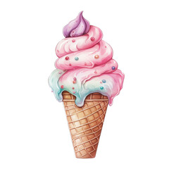 Wall Mural - Pink Ice cream cone with sprinkles png isolated on a transparent background, watercolor clipart illustration