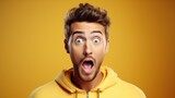 Fototapeta  - handsome man exited surprise face expression . Male feels shocked. exciting smile and happy adorable rejoices. Very enjoy and fun relax time. wow,