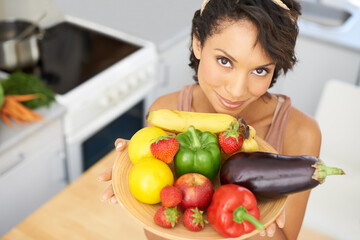 Sticker - Portrait, health and vegetables with a woman in the kitchen of her home for nutrition, diet or meal preparation. Face, ingredients and a recipe for cooking food with a young person in her apartment