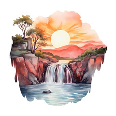 Wall Mural - Sunset and waterfall in nature png isolated on a transparent background, watercolor clipart illustration
 