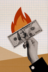 Poster - Vertical collage picture of black white colors arm hold dollar bill fire flame burn isolated on checkered copybook page background