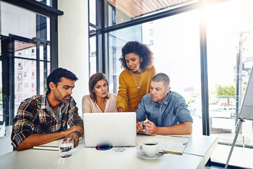 Aufkleber - Planning, web design and team in office with laptop, market research or problem solving in development of project. Website, designer and people with technology for online marketing, SEO or strategy