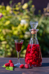 Wall Mural - Homemade red raspberry brandy in glasses and in a glass bottle on a wooden table in a summer garden, closeup