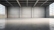 3d illustration of an empty warehouse with a lot of windows. 3d rendering of large hangar building and concrete floor.