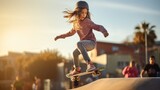 Young girl playing surf skate or skateboard in skate park